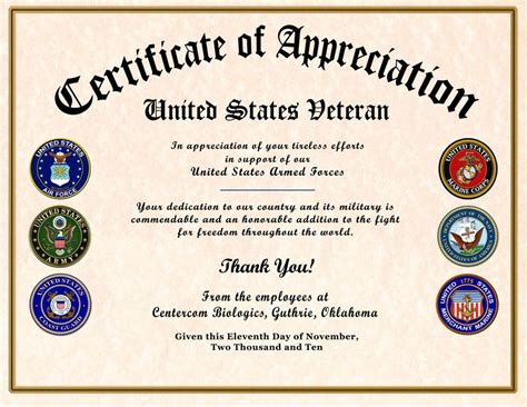 Veteran Appreciation Certificate Template